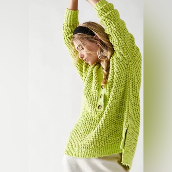 Free People Sweaters - FREE PEOPLE Lime Green Whistle Thermal Henley Button Sweater Top Pullover V Neck